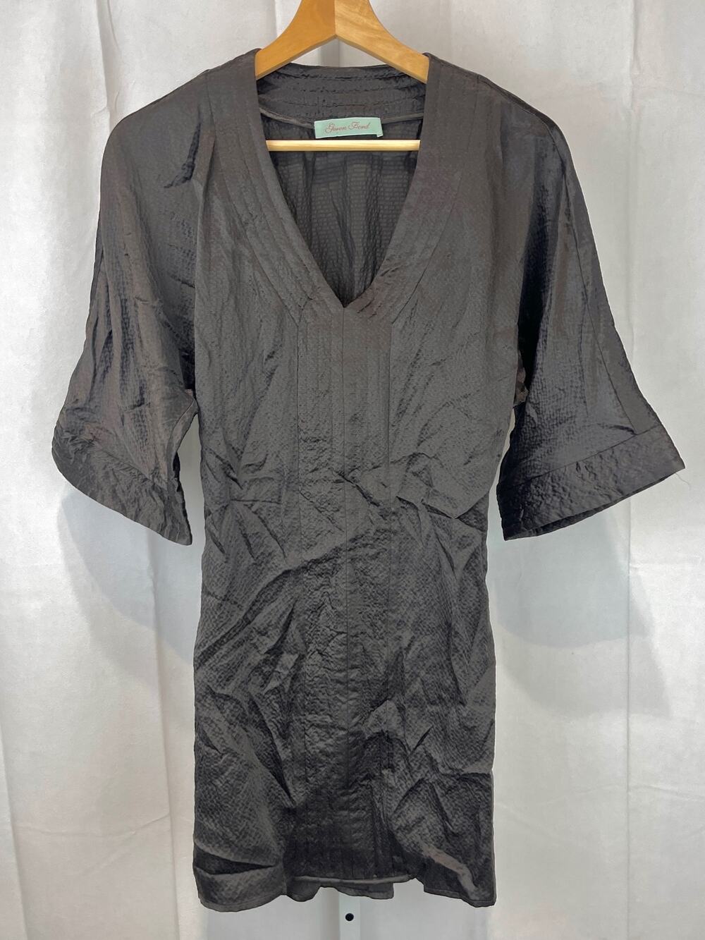 GEREN FORD Hammered Silk Mini Dress V Neck Kimono 3/4 Sleeve Pullover Gray XS